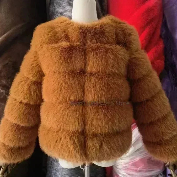 Women's Fashion Faux Fur Coat Super Hot Autumn Winter Women Short Faux Fox Fur Fluffy Jacket High Quality 5xl Ladies Furry Coats Red brown