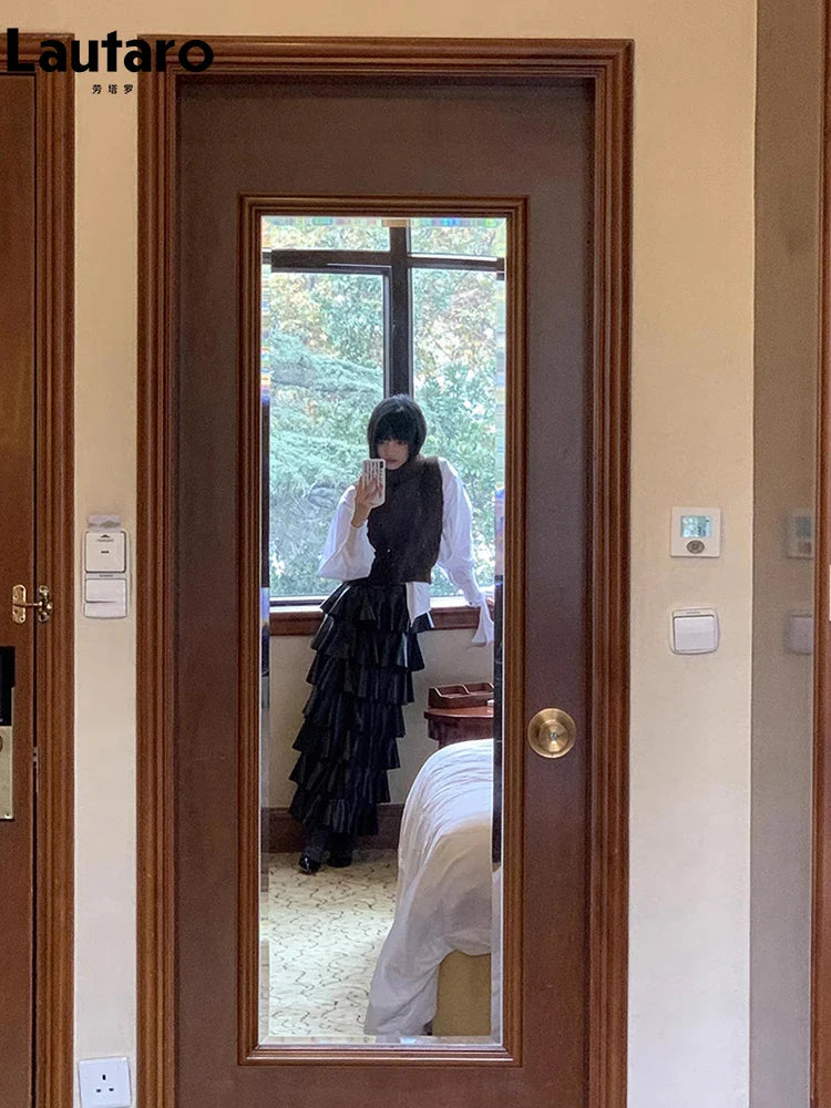 Spring Autumn Black Pu Leather Midi Tiered Skirt Women with Elastic High Waist Long Elegant Luxury Designer Clothes 2023