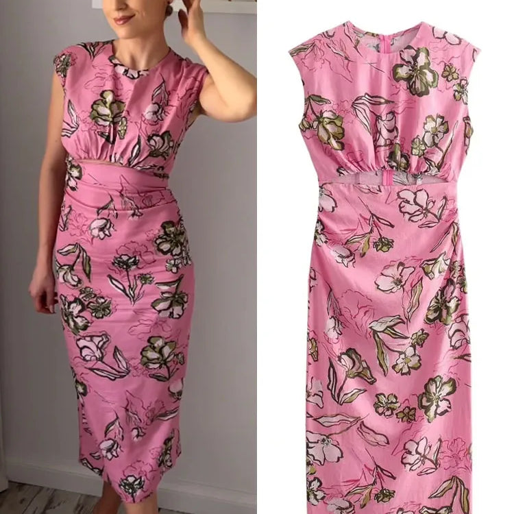 TRAFZA Women Summer Dresses Pink Print O-Neck Sleeveless Hollow Out Decorate Slit Zipper Female Fashion Bohemian Style Dress