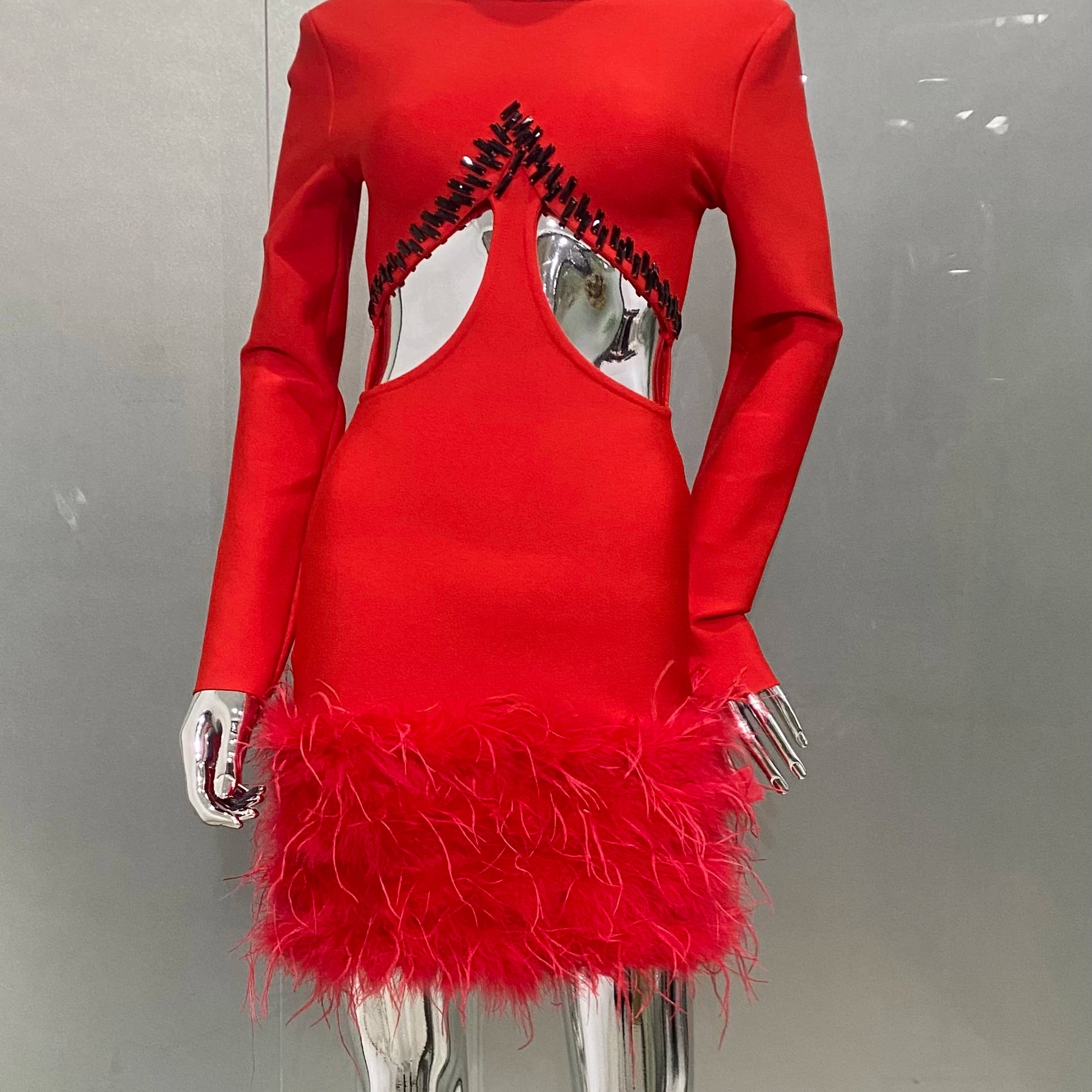 STOCK Gorgeous Feathers Sexy Hollow Out Red Mini Bandage Dress Fashion Woman Evening Dress Merry Christmmas Party Outfit Red