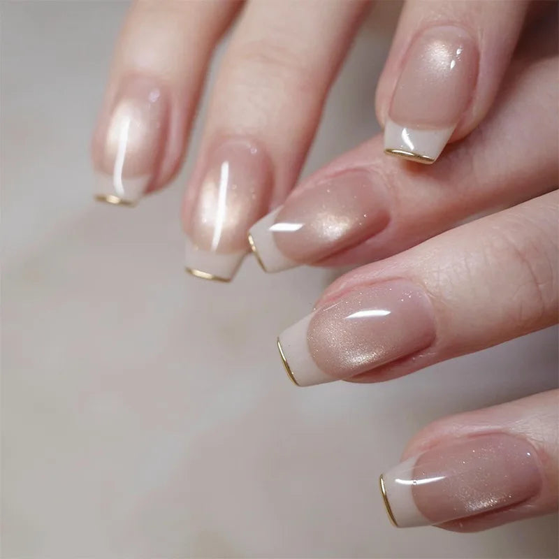 24Pcs Gradient Color Fake Nail Simple Short Ballet Wearable False Nails with Cat Eye Design Press on Nails Full Cover Nail Tips 10