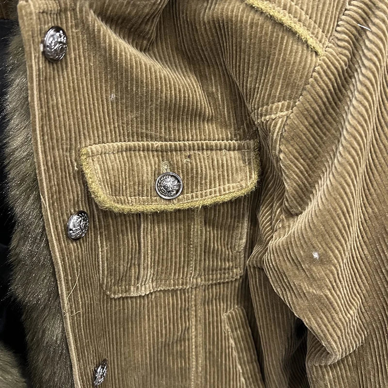 Autumn Winter New Corduroy Detachable Fur Collar Coat For Women Quilted Loose Warm Jacket Female 11A07907