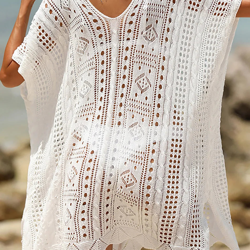 Sexy Knitted Hollow Out Beach Cover Up Midi Dress for Women Solid Sheer Mesh Tunic Ladies Outfits 2023 Summer Bikini Cover-ups