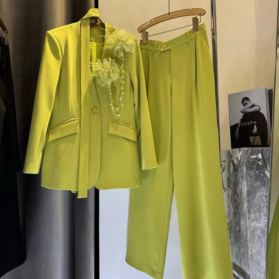 Solid Elegant Two Piece Sets for Women V Neck Long Sleeves Patchwork 3D Flower Top High Waist Pant Set Female New GREEN