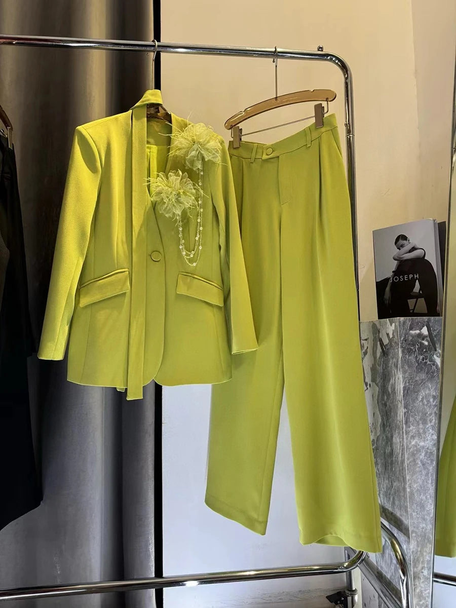 Solid Elegant Two Piece Sets for Women V Neck Long Sleeves Patchwork 3D Flower Top High Waist Pant Set Female New GREEN