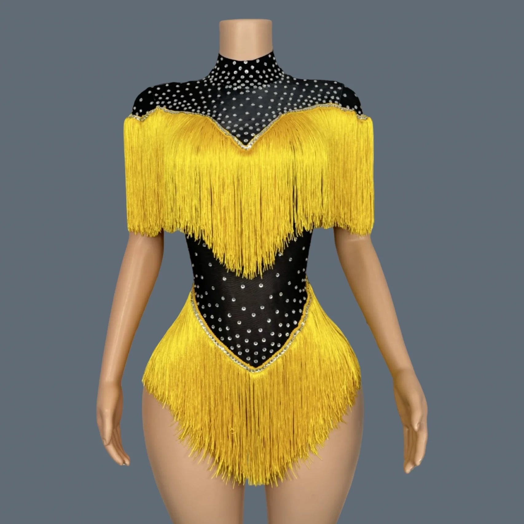 Sparkly Sequins Rhinestones Tassels Spandex Bodysuit Women Sexy Nightclub Stage Performance Dance Costume Dancer Outfit Danhuang Black Yellow