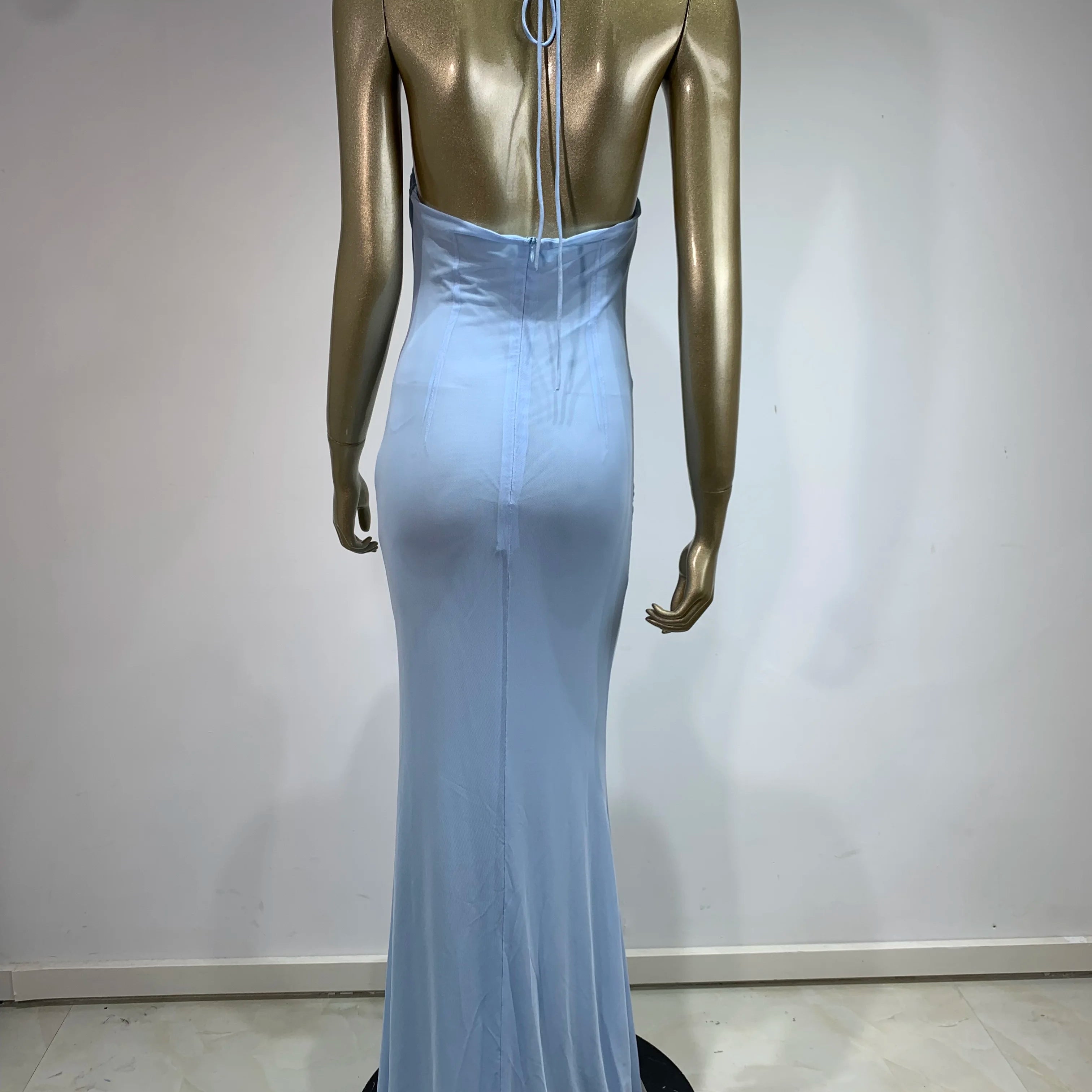 Women Celebrity Sexy Backless Halter Flower Sky Blue Maxi Long Gowns Dress 2024 Elegant Evening Party Club Dress Vestido