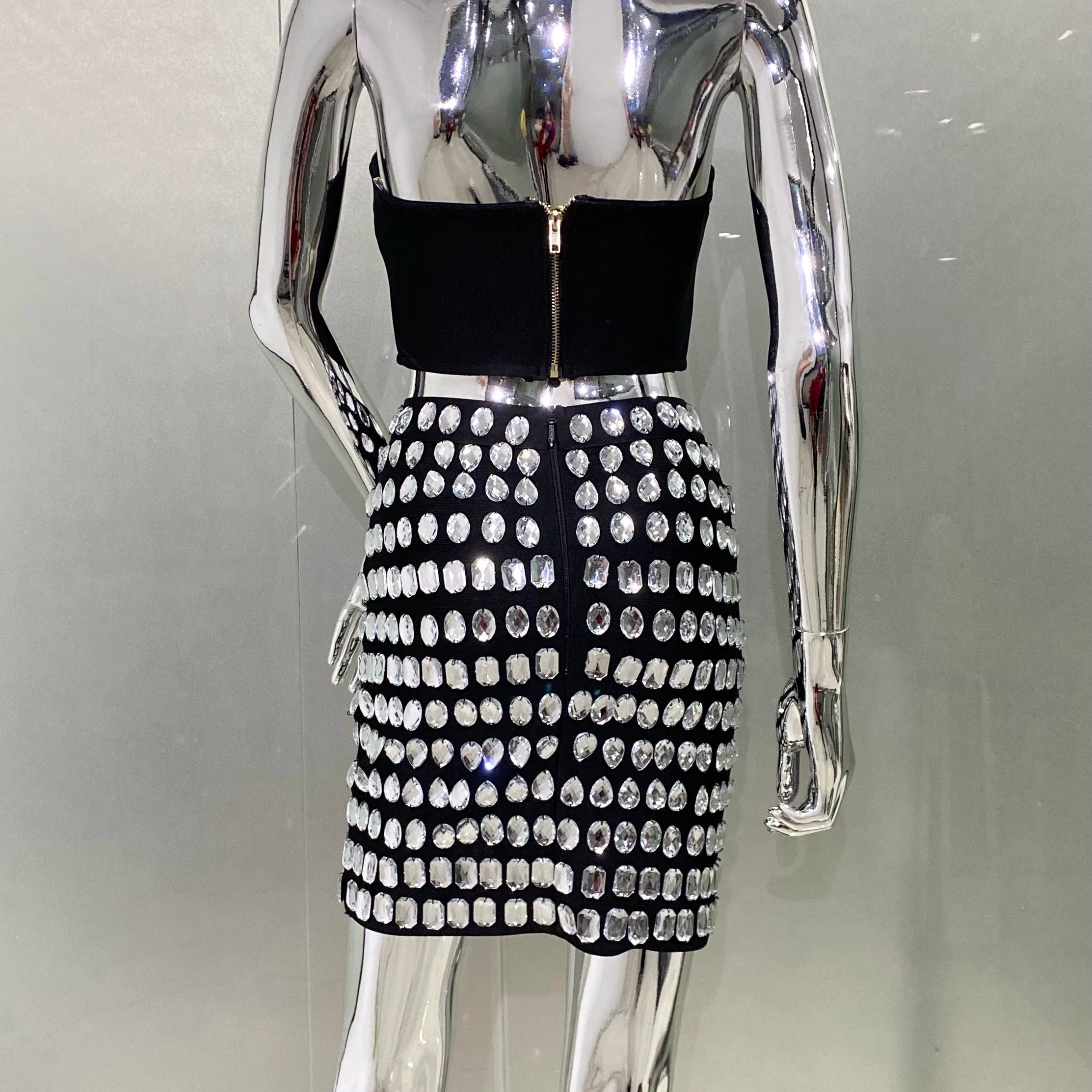 Sexy Deep V-Neck Strapless Top And Sparkling Diamonds Mini Skirt 2 Pieces Woman Set Birthday Party Vestido