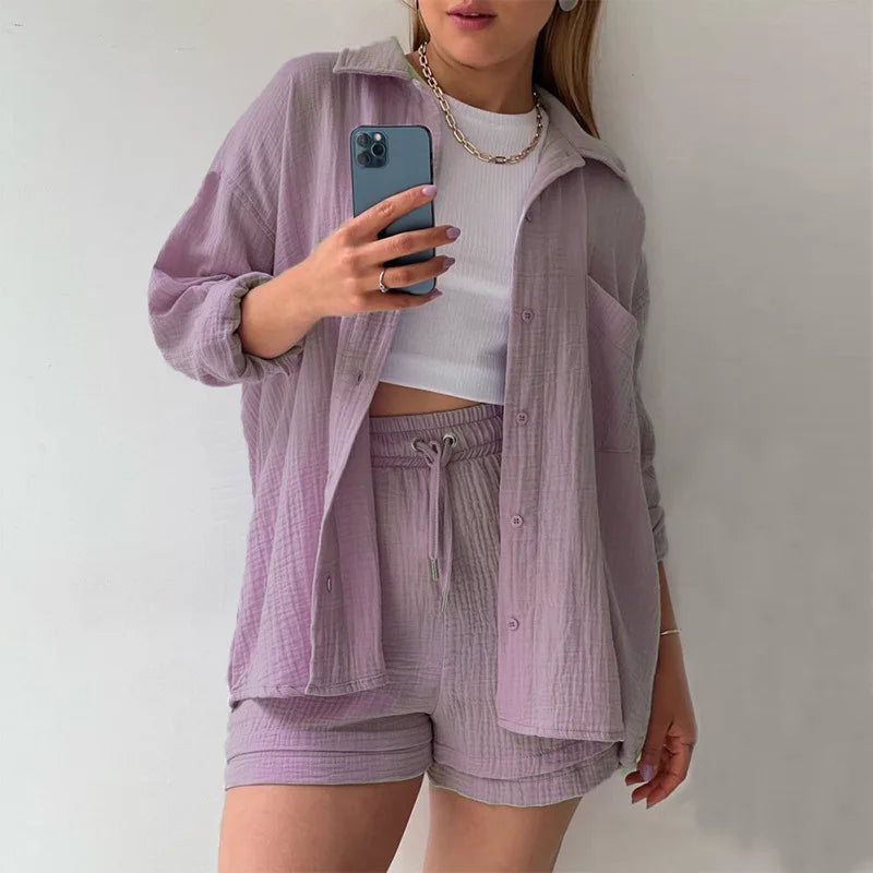 2 Piece Casual Sleepwear Cotton Pajamas for Women Turn-Down Collar Sleep Tops Suits with Shorts Gauze Cardigan Homewear Summer Deep Purple