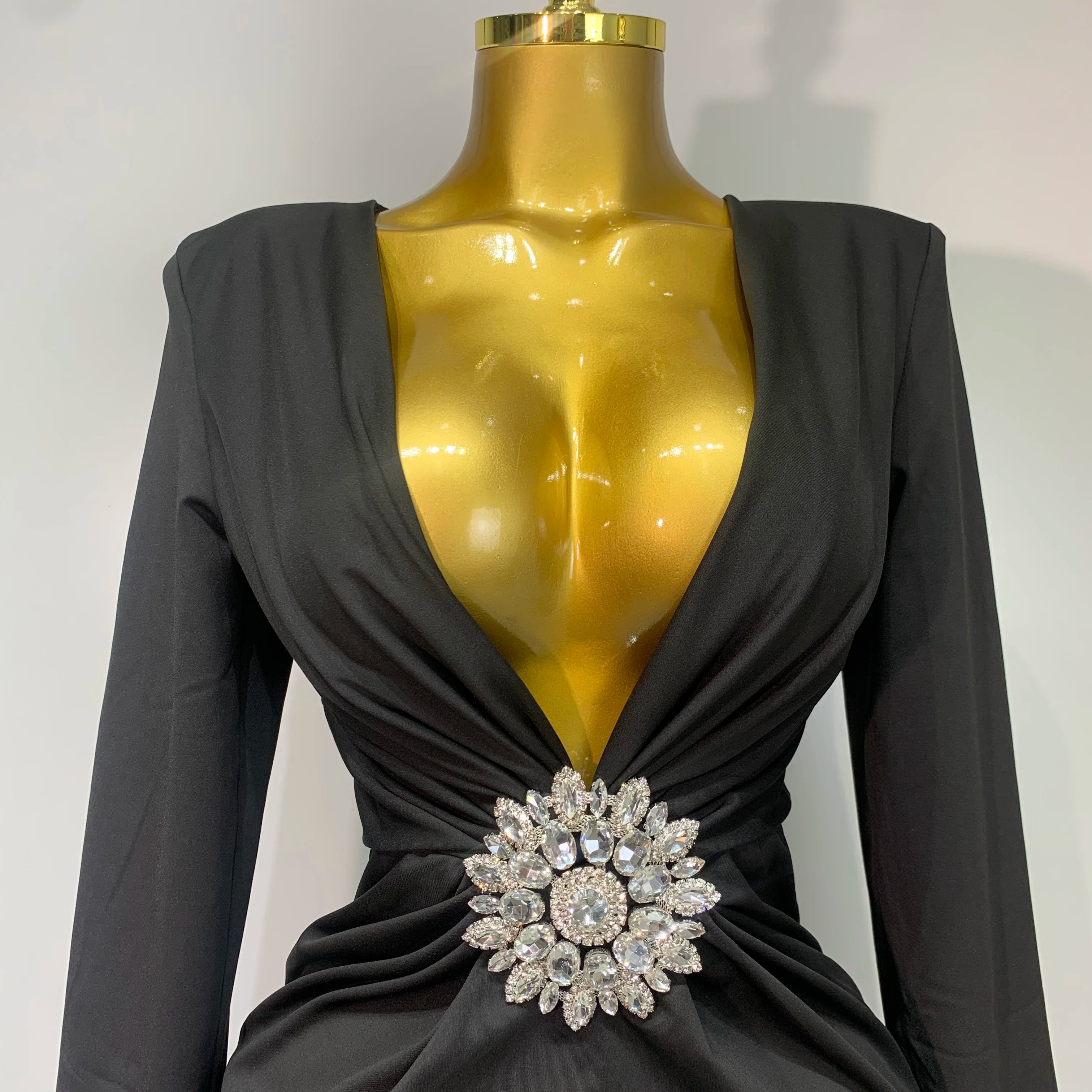 Black Diamond Bodycon Maxi Dresses Women Sexy Deep V Neck Long Sleeves Gowns Runway Party Wear 2025 Elegant Evening Party Dress