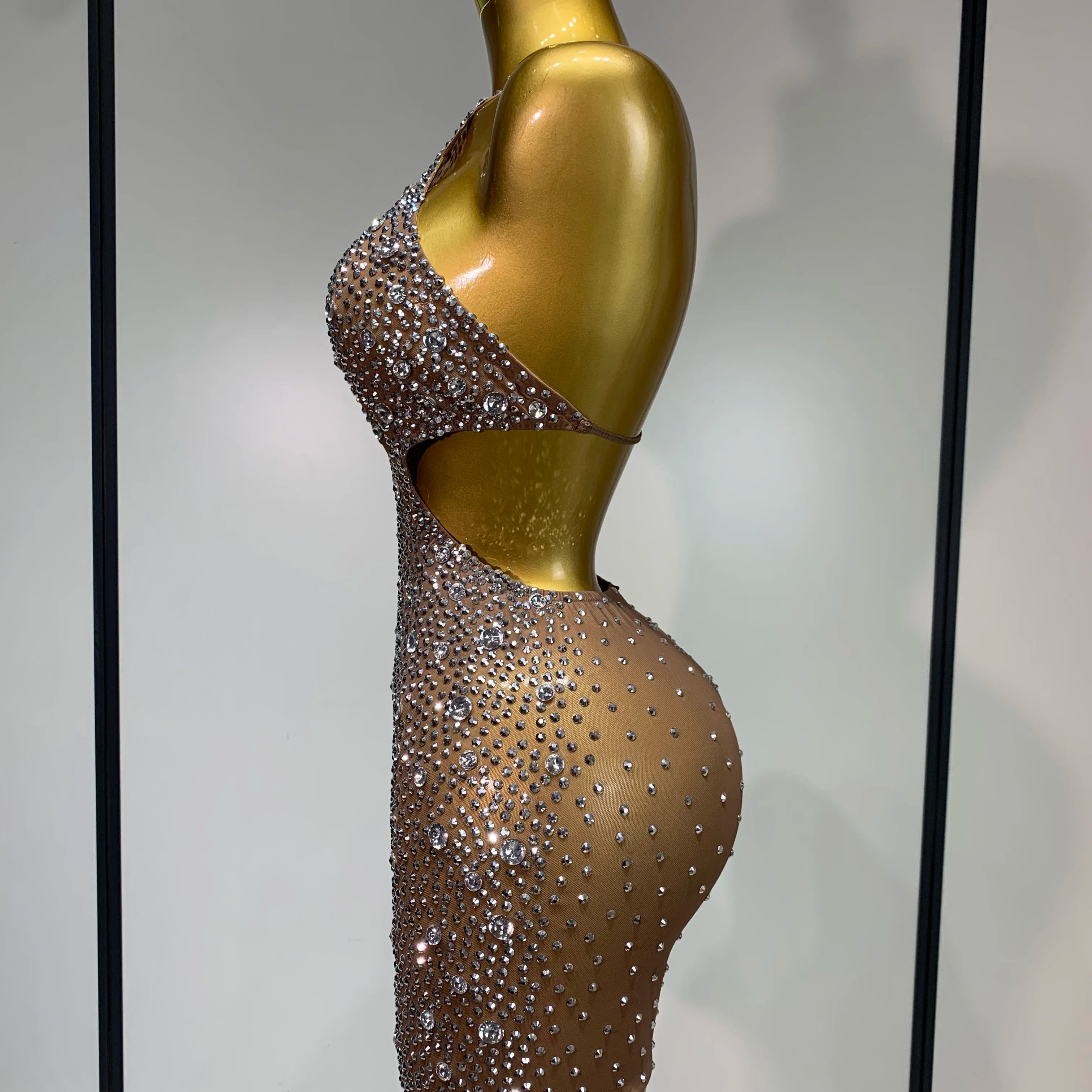 Women Sexy Mesh See Through One Shoulder Luxury Rhinestones Stage Costume Singer Dancer Nightclub Evening Party Birthday Dresses