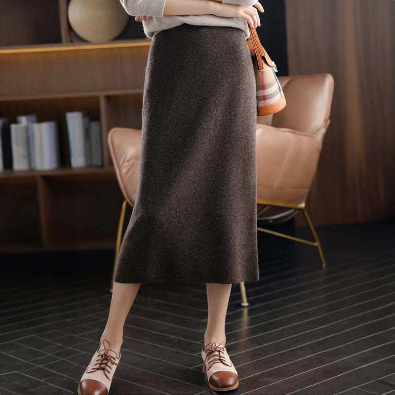 Women's Cashmere Long Knitted Skirts High Waisted Wool Midi Skirt Black Dark Brown Grey Pink Female Bottoms Winter Fashion Y2k