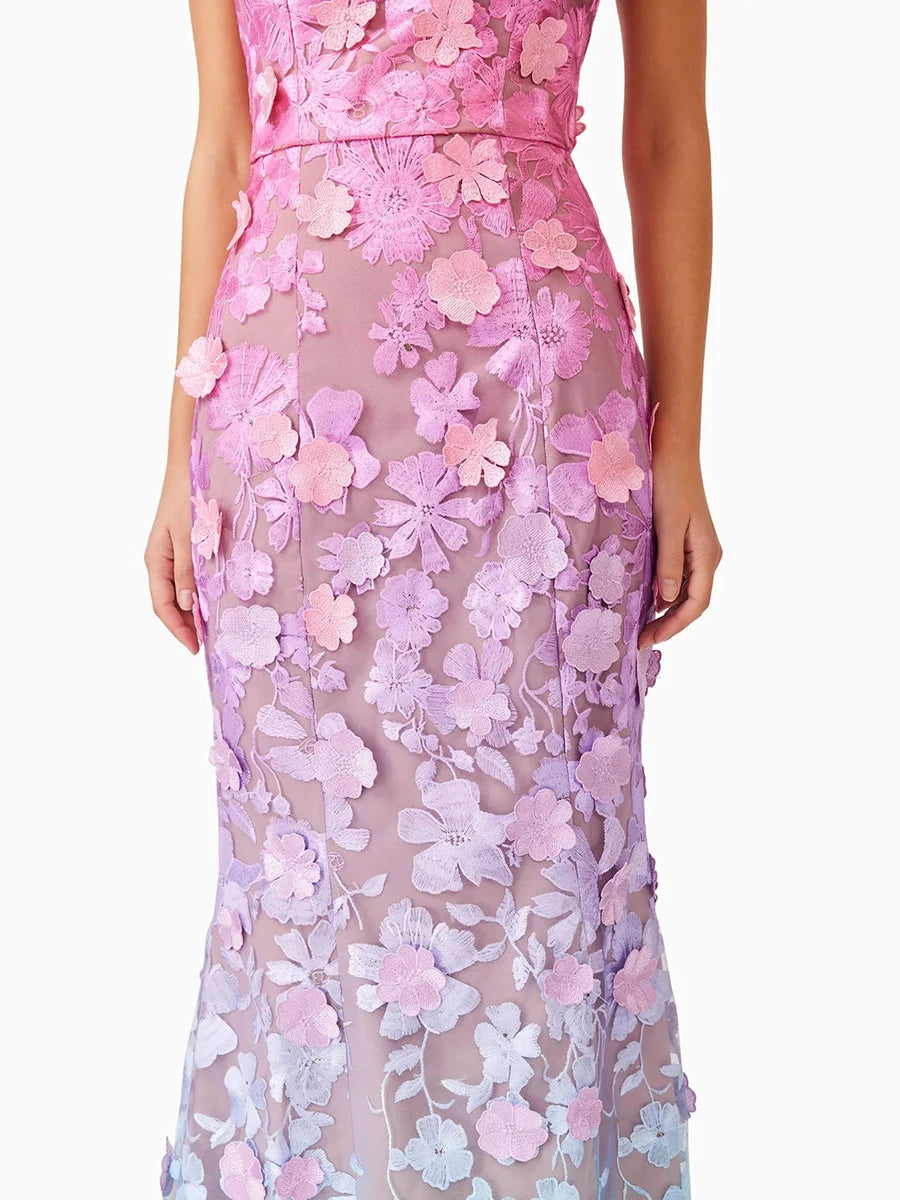 Colorblock Spliced Appliques Elegant Dresses for Women Strapless Sleeveless Gradient Dress Female Fashion Clothing