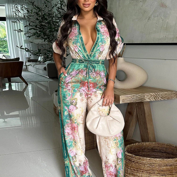 CM.YAYA Women Floral Printed Vintage Blouse Style Wide Leg Jumpsuits 2025 Summer Beach Night Club Playsuit One Piece Suit Romper