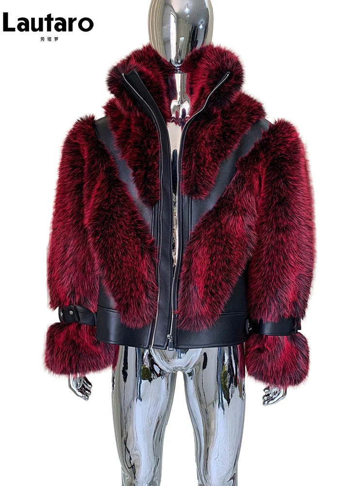 Lautaro Winter Cool Thick Warm Color Block Faux Fur Coat Men Stand Collar Luxury Zip Up Fluffy Jacket Runway European Fashion Red