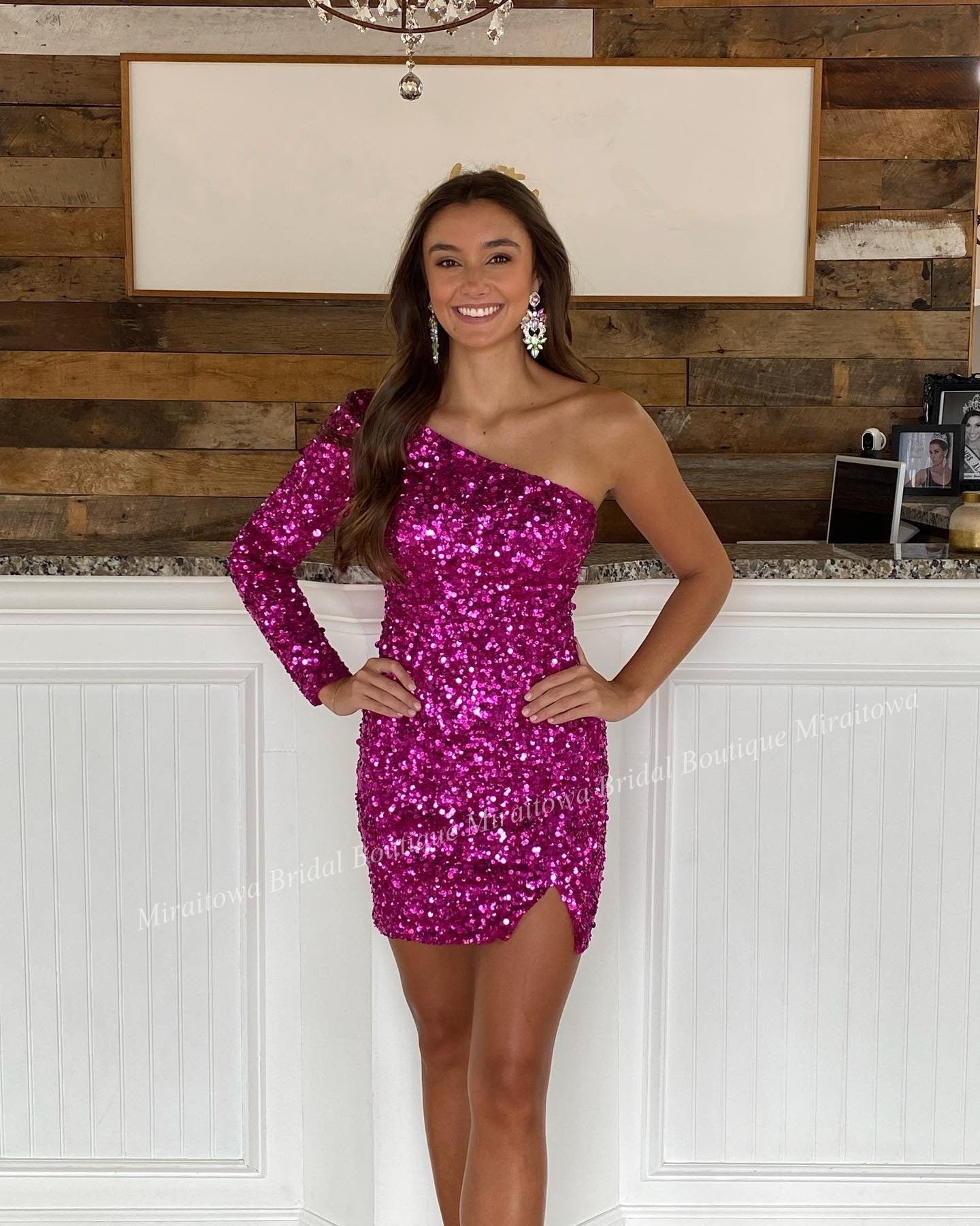 Pink Sequin Mini Cocktail NYE Dress Long Sleeve Lady Formal Event Homecoming Party Gown Club Night Hoco Gala One-Shoulder Fuchsia