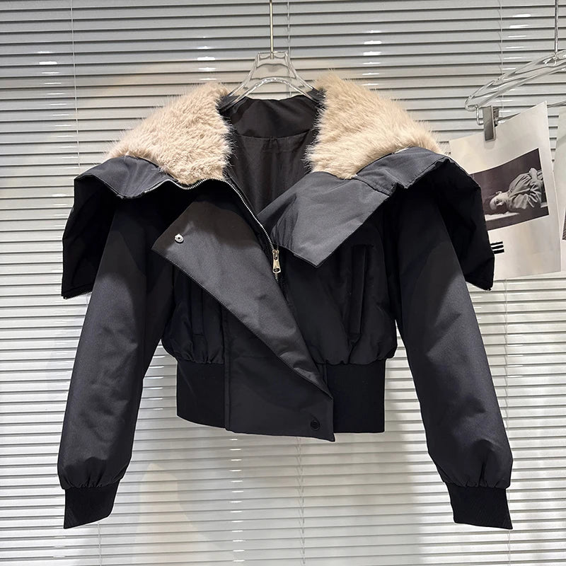 Winter New Fashiona Zipper Big Fur Sailor Collar Waist-Cinching Short Cotton Jacket For Women Short Coat 11A07588