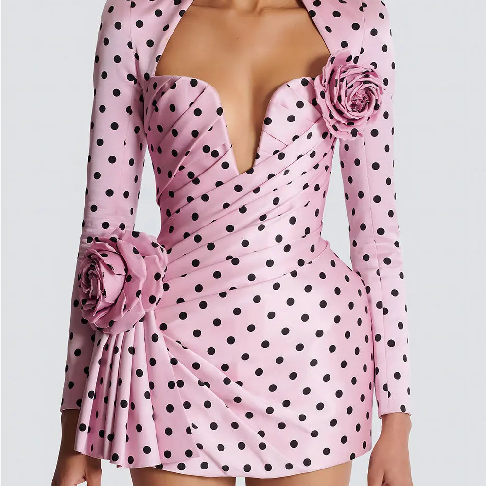 2025 Sexy Women'S Three-Dimensional Flower Patchwork Polka Dot Dress V-Neck Long Sleeved Draped Bodycon Pink Mini Dress Vestidos