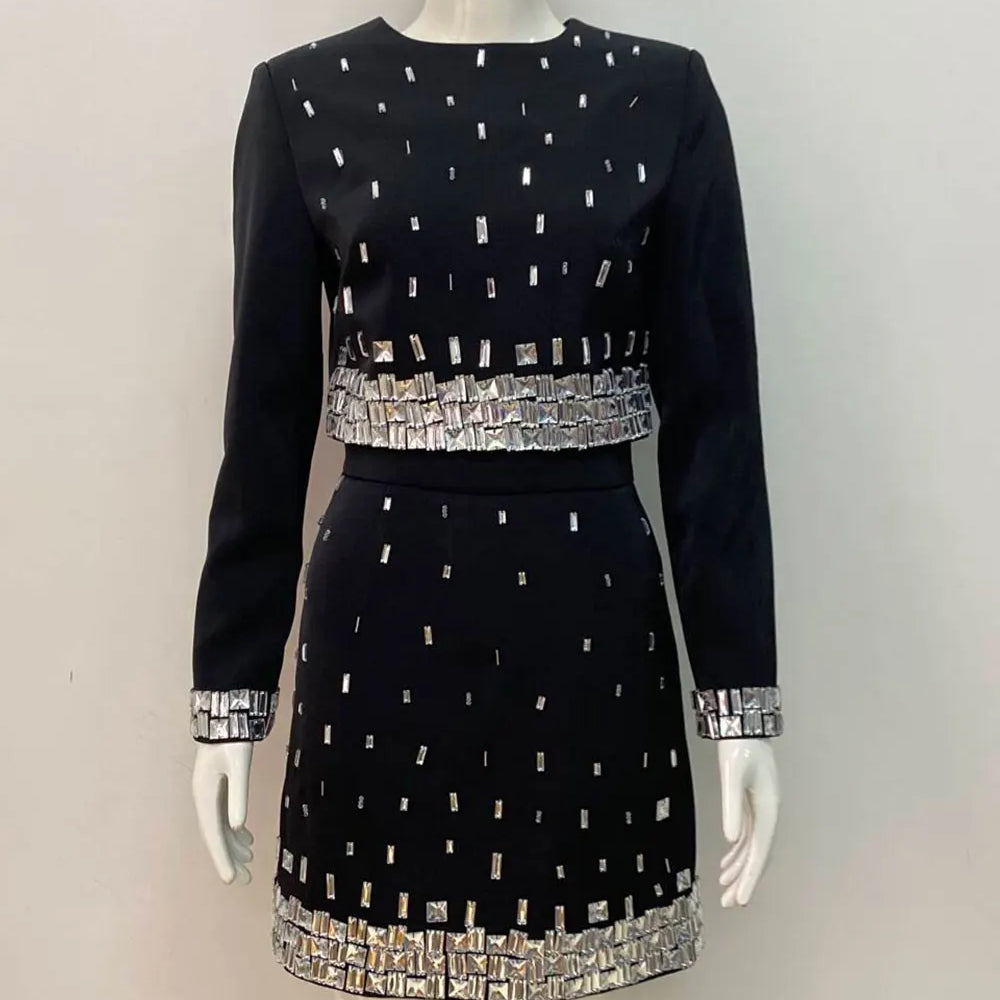 2025 Women's Wear Heavy Industry Beaded Design Mini Skirt Sets Standing Neck Long sleeved Short Top+Short Skirt Two piece Set black