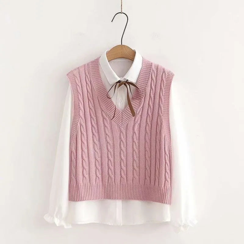 Women's Korean Preppy Style Student 3 Piece Clothing Set Spring Fall Girls Casual Bow Shirt Knit Vest Denim Pants Outfits