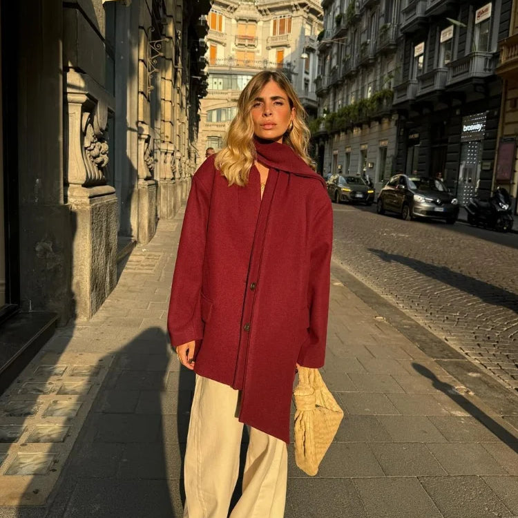 New Fashion Burgundy Red Woolen Suit Jacket With Scarf Collar Women Chic Oversized Flip Pockets Solid Coats Lady Streetwear
