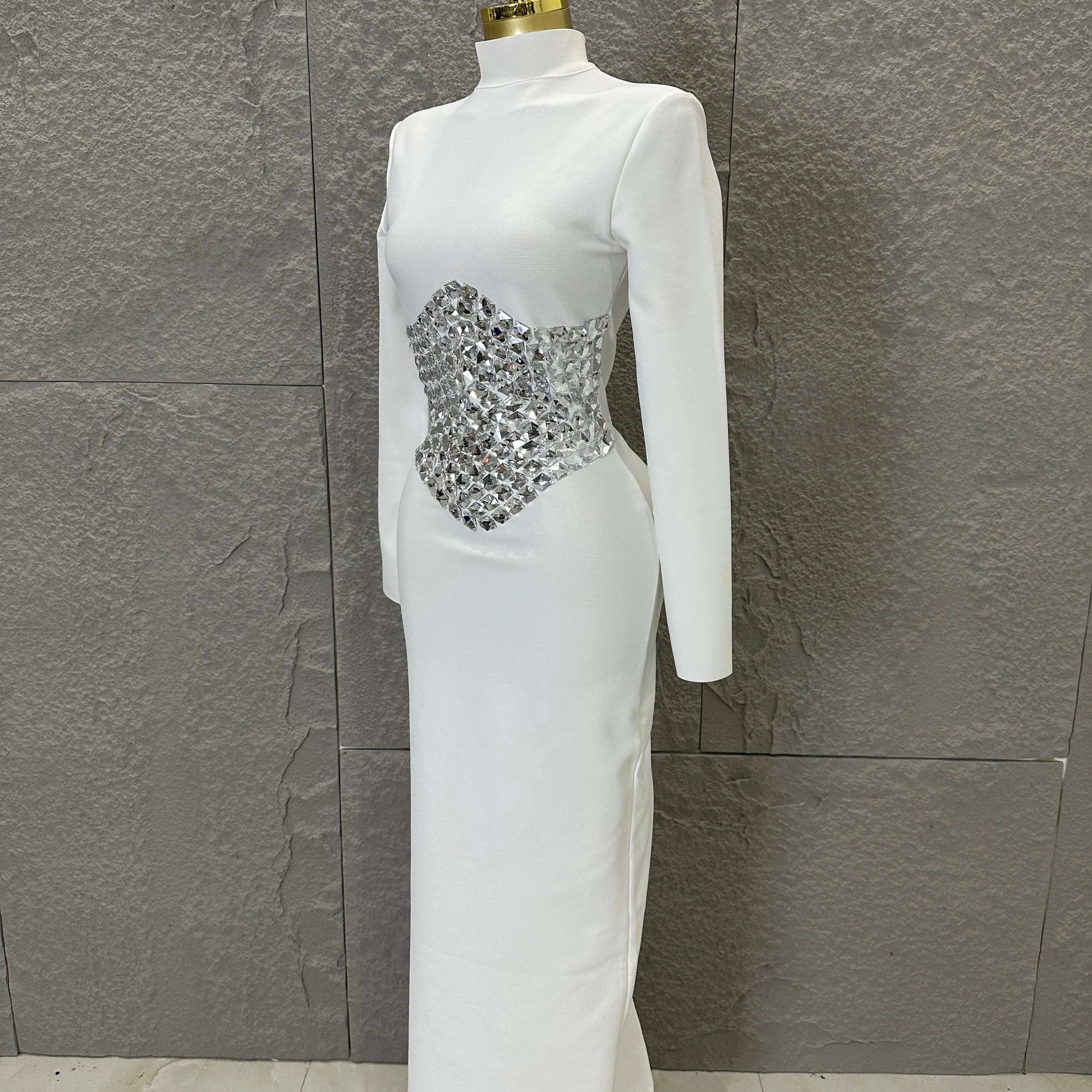 2026 White High Neck Maxi Dress Women Sexy Long Sleeve Full Crystal Waist Embellished Form-Fitting Outfit Cocktail Party Costume