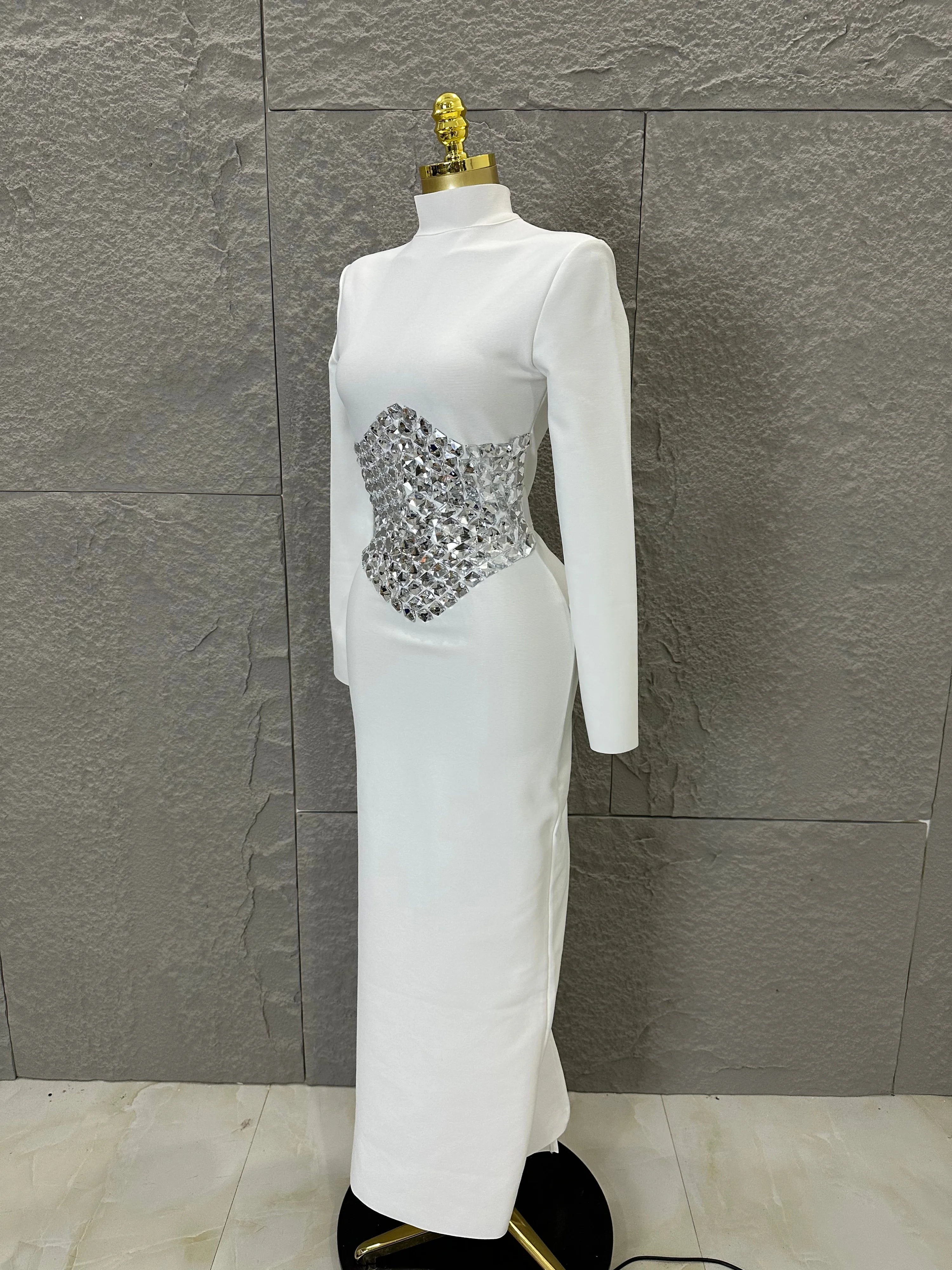 2026 White High Neck Maxi Dress Women Sexy Long Sleeve Full Crystal Waist Embellished Form-Fitting Outfit Cocktail Party Costume