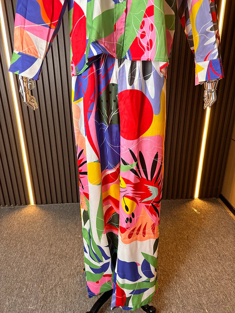 ZARATRASnew summer women's new trousers suit lapel loose silk texture shirt + positioning printed wide leg pants