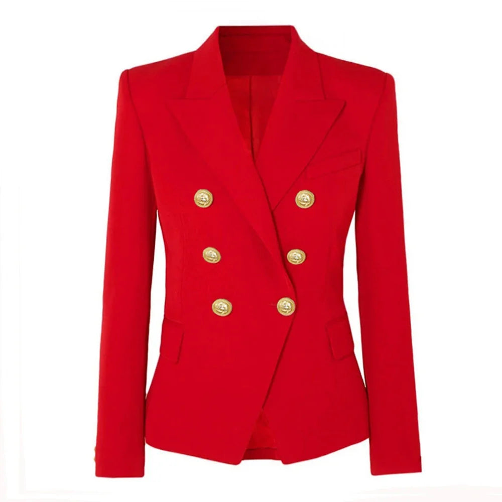 Solid Slimming Fashion Blazer for Women Lapel Long Sleeves Patchwork Double Breasted Elegant Coat Female Clothing RED