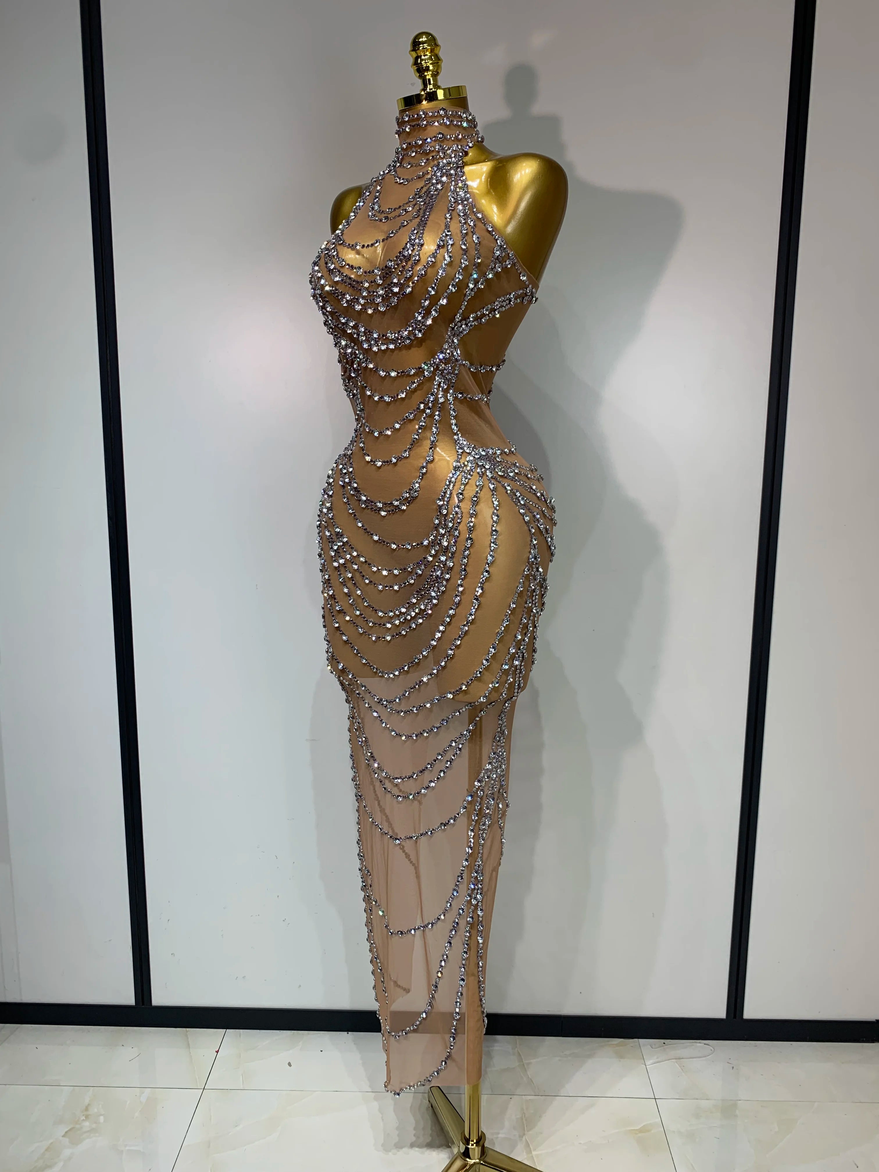 Luxury Rhinestone Sparkly Sexy Transparent Mesh Long Dress 2025 Women Birthday Party Gown Stage Singer Performance Costume