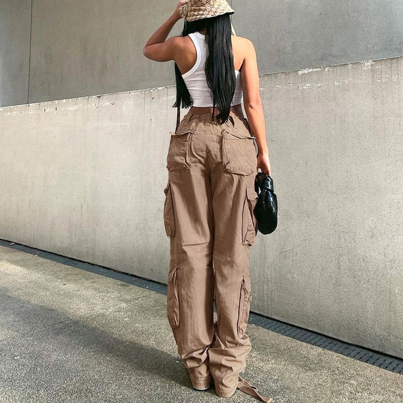 PASSIONNÉ Trousers for Women High Waist Pockets Lace-up Wide Leg Pants Female Vintage Streetwear Style 2024 Fashion New