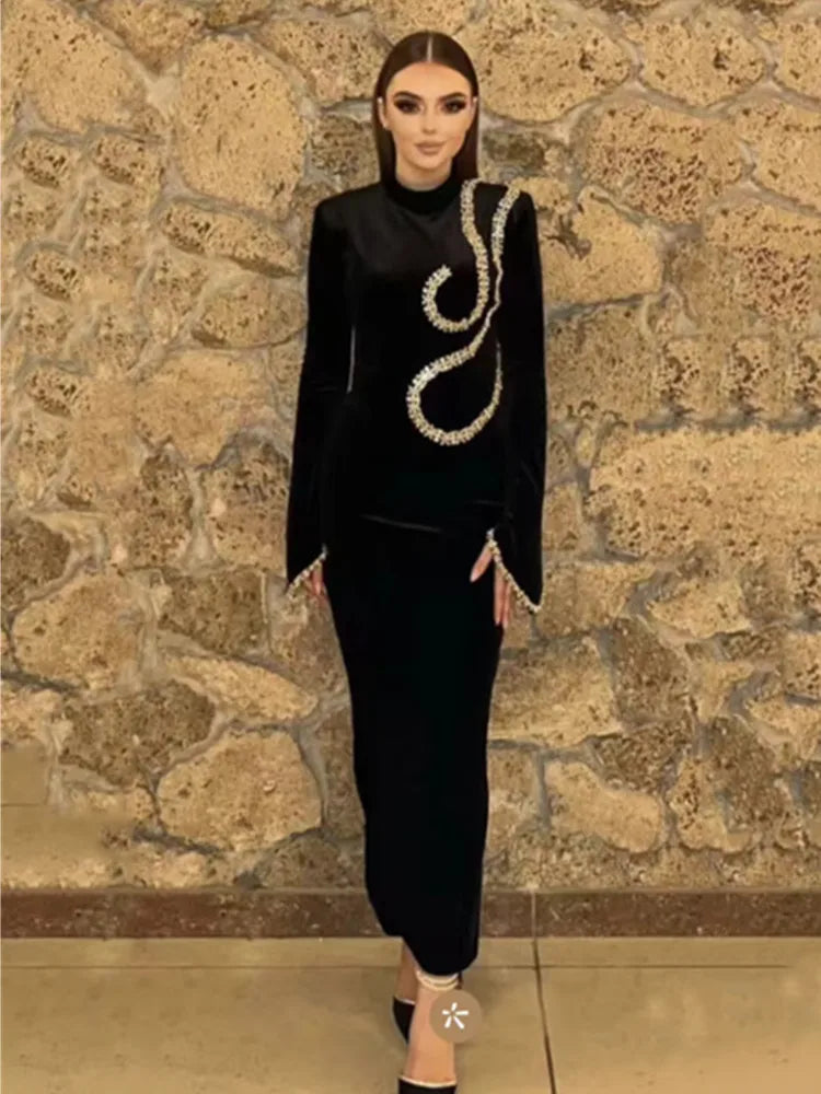 Women Winter Celebrity Sexy Turtleneck Diamonds Black Maxi Long Bodycon Bandage Dress 2024 Elegant Evening Club Party Dress black