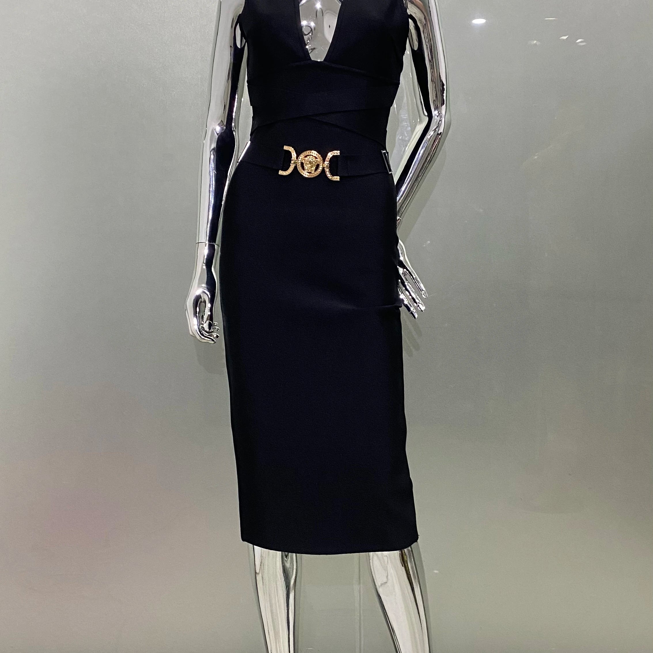 2024 Fashion Diamond Girdle Sleeveless Package Hips Midi Calf Bandage Dress Elegant Woman Evening Dress Celebrity Party Vestido