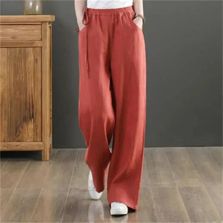 Cotton Linen Wide Leg Pants 4xl Big Size Trousers Women Summer Elastic Waist Casual Ankle-length Pantalones Baggy Sweatpant orange red
