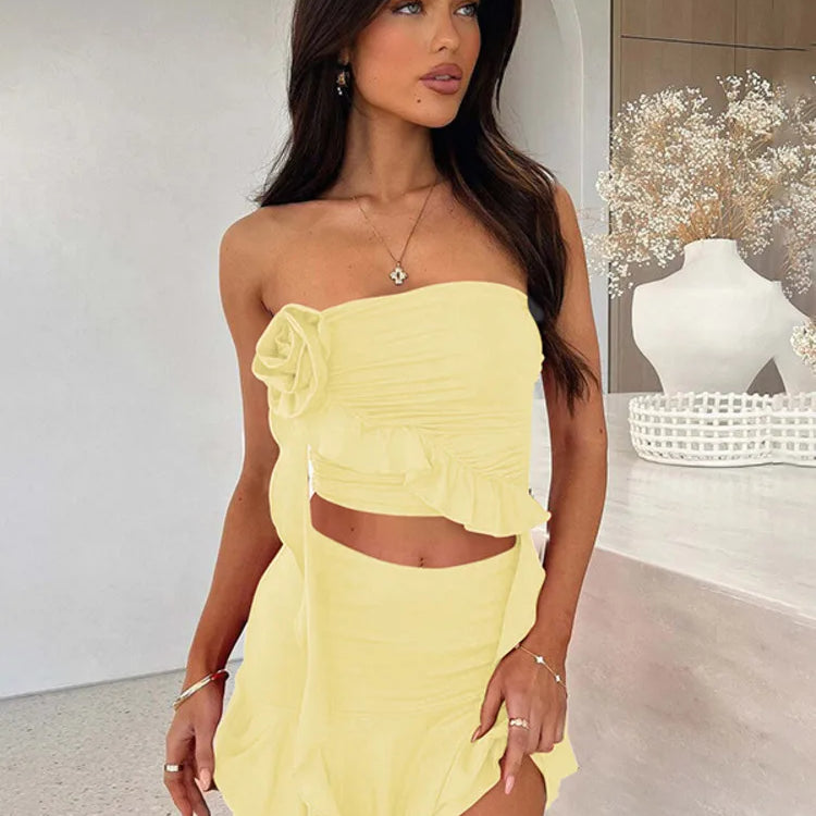 Sexy Women Dress Sets Rose Strapless Crop Tops And Mini Skirt Sets Female Elegant Ruffled Club Party Two Piece Sets Yellow