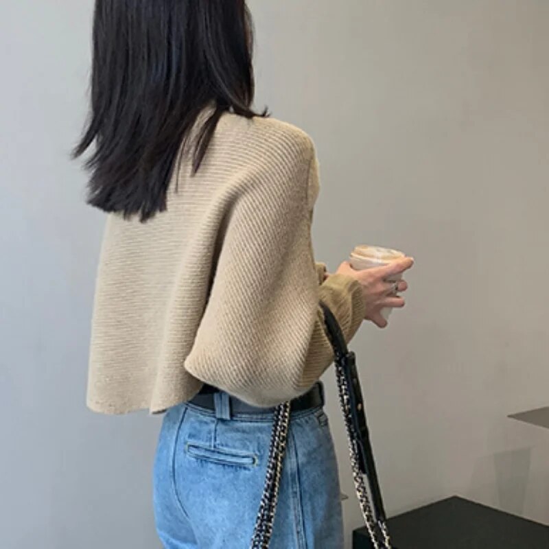 Short Pullovers Sweaters Autumn Winter 2024 Streetwear Knitted Sweater Women's Long Sleeve Cross Irregular Solid Y2K Tops 22933