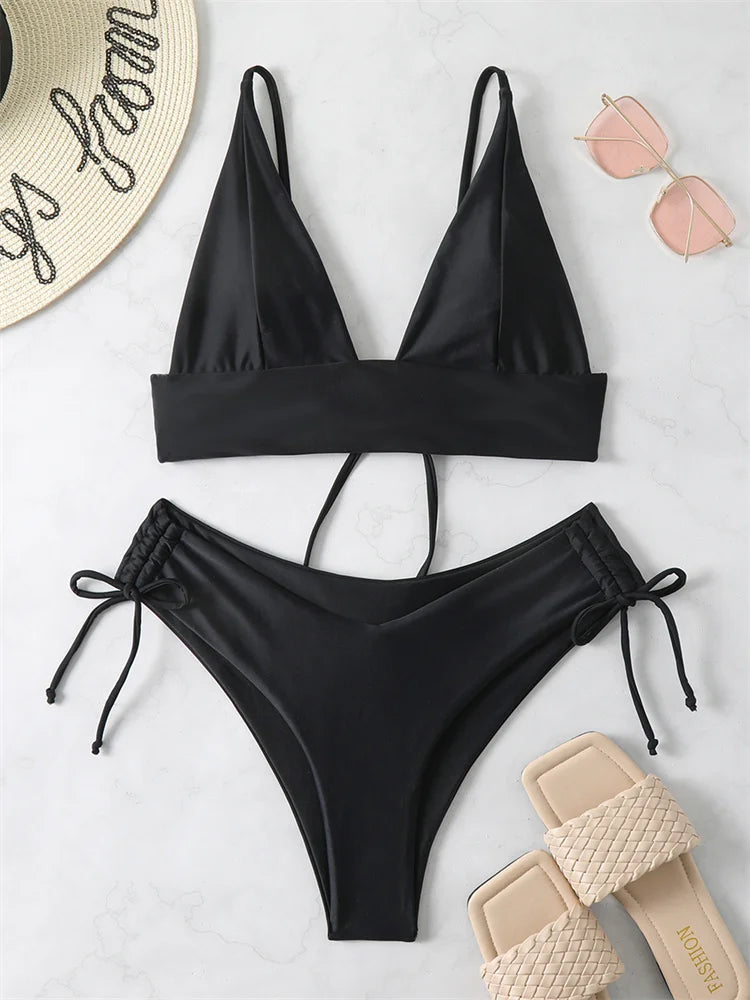 Bikini Women Swimsuit New Solid Black High Waist Bikinis Set Lace Up Bathing Suit Swimwear Summer Brazilian Beach Two Piece Black