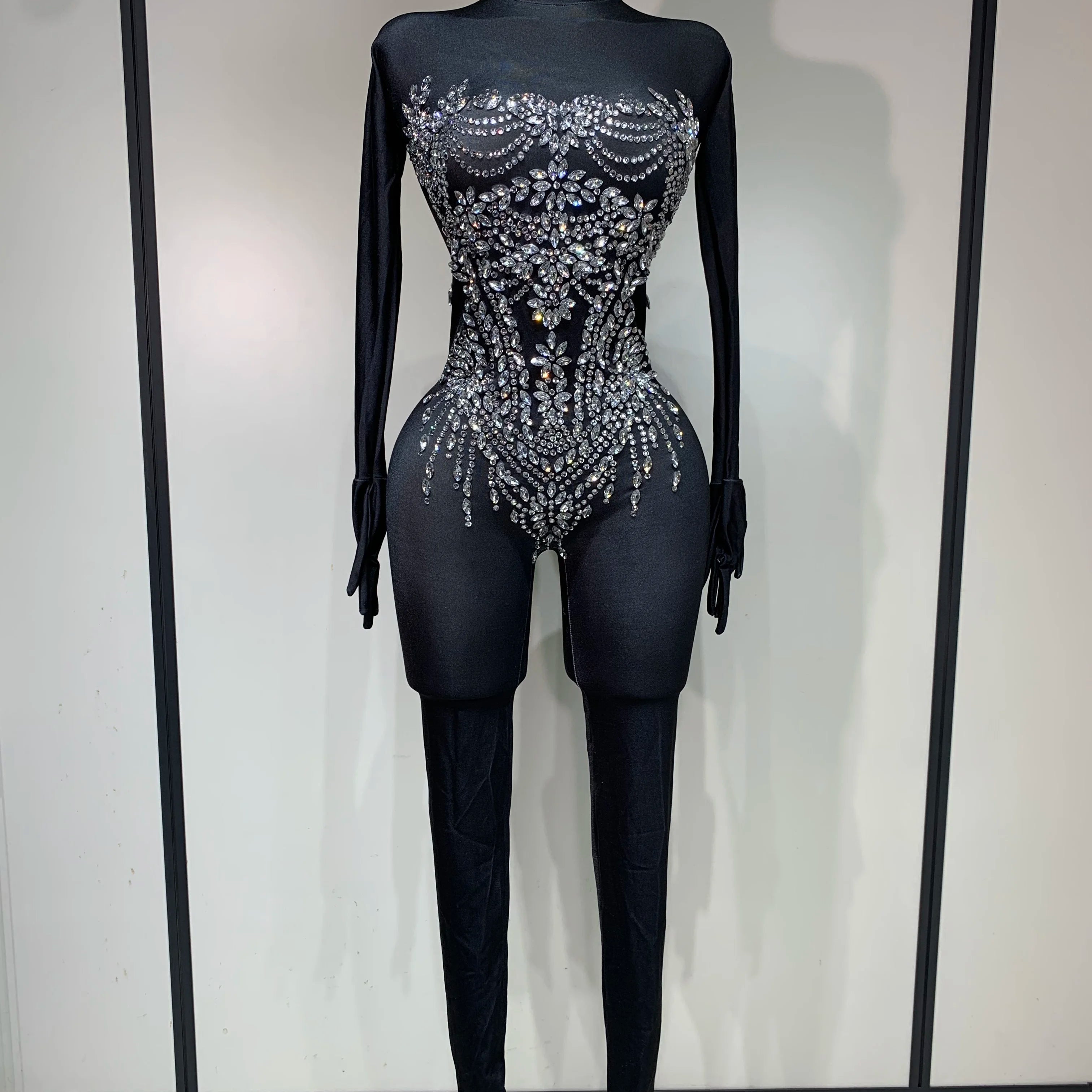 Stock Women Sexy Nightclub Evening Party Drag Queen Singer Dancer Stage Performance Costume Luxury Rhinestone Stretch Jumpsuit style 1
