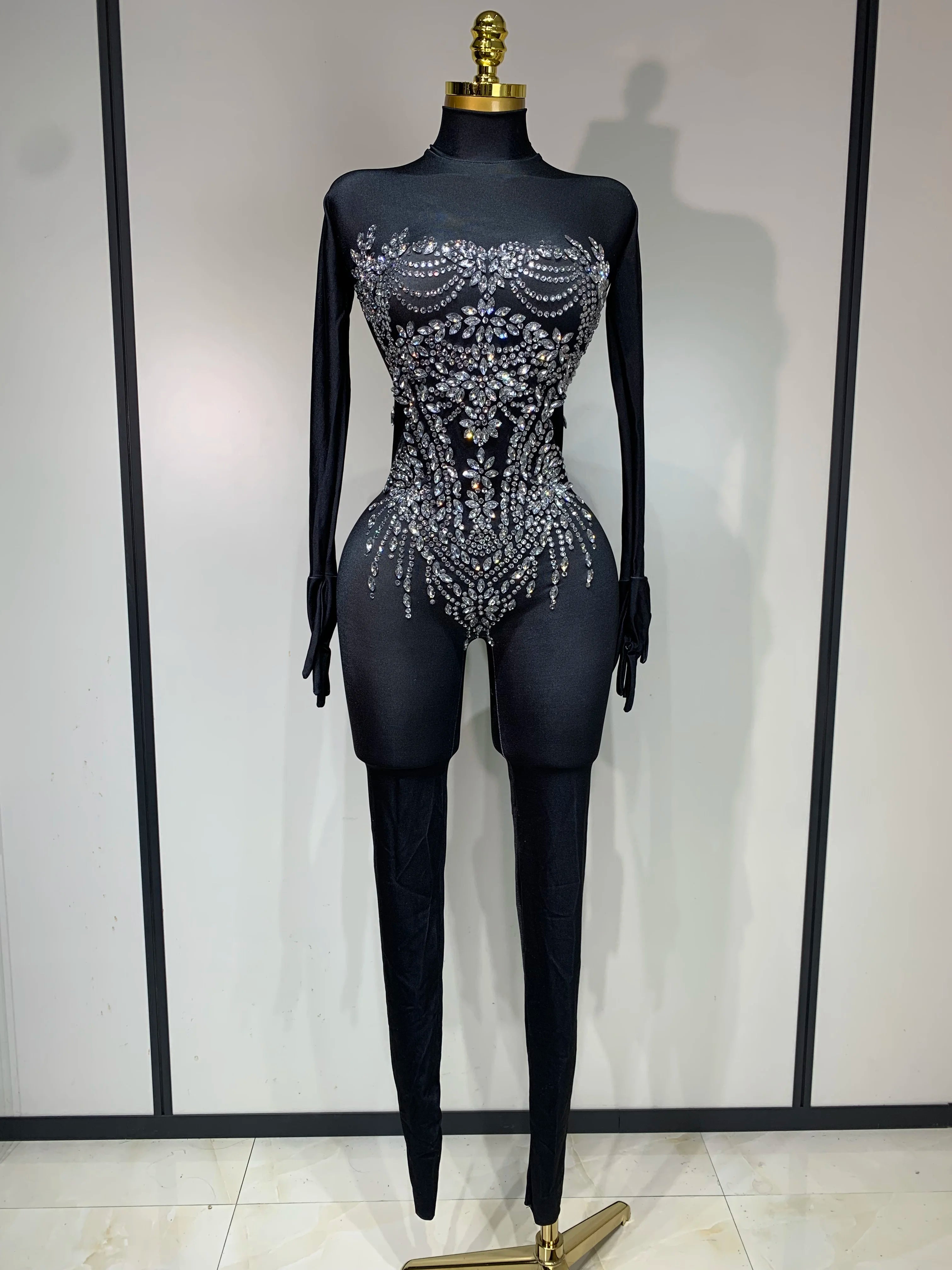 Stock Women Sexy Nightclub Evening Party Drag Queen Singer Dancer Stage Performance Costume Luxury Rhinestone Stretch Jumpsuit style 1
