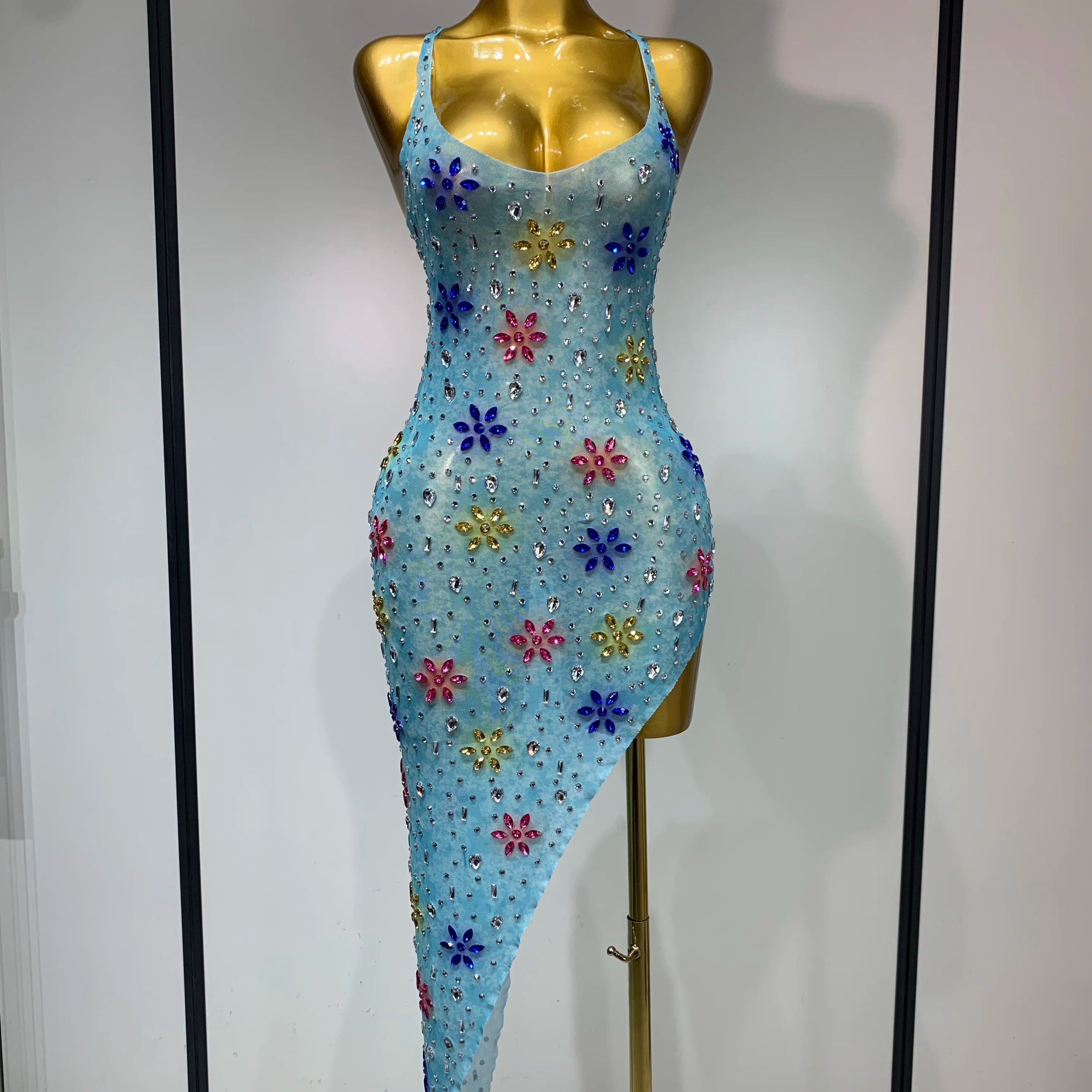 Women Sexy Mesh See Through Stretchy Sparkly Rhinestone Performance Costume Stage Dancer Nightclub Party Luxury Birthday Dress SKY BLUE