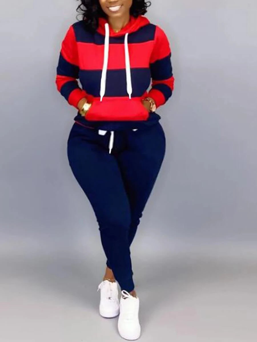 LW Plus Size Sporty Hooded Collar Striped Tracksuit Set Black White Patchwork Kangaroo Pocket Design Tracksuit Sportswear Set Red