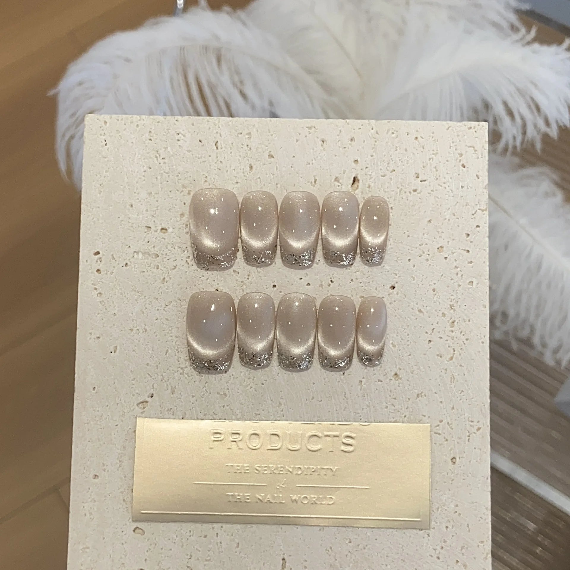 10Pcs Purple Cat Eye False Nail with Glitter Silver Stars French Manicure Nails Mid-length Ballet Elegant Fashion Nail Tips Art