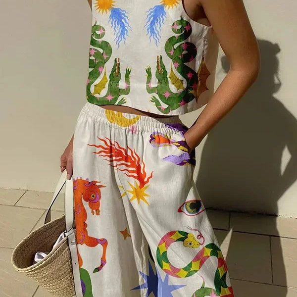 Casual Printed Pant Suits For Women Vintage Crew Neck Sleeveless Vest High Waist Loose Trouser Sets Female Beach Holiday Outfits white flower