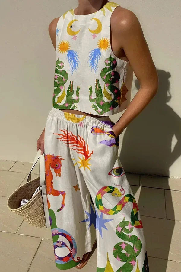 Casual Printed Pant Suits For Women Vintage Crew Neck Sleeveless Vest High Waist Loose Trouser Sets Female Beach Holiday Outfits white flower