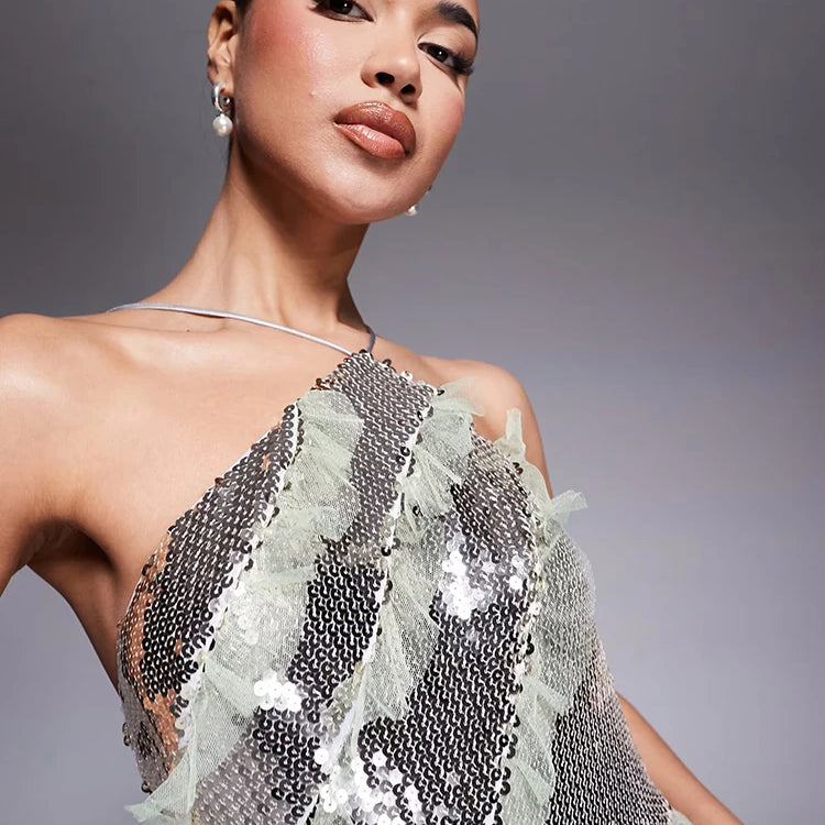 Starry Silver Sequin Strappy Backless Sleeveless with Ruffle Mesh Details Dressfor Party Glamour Gown