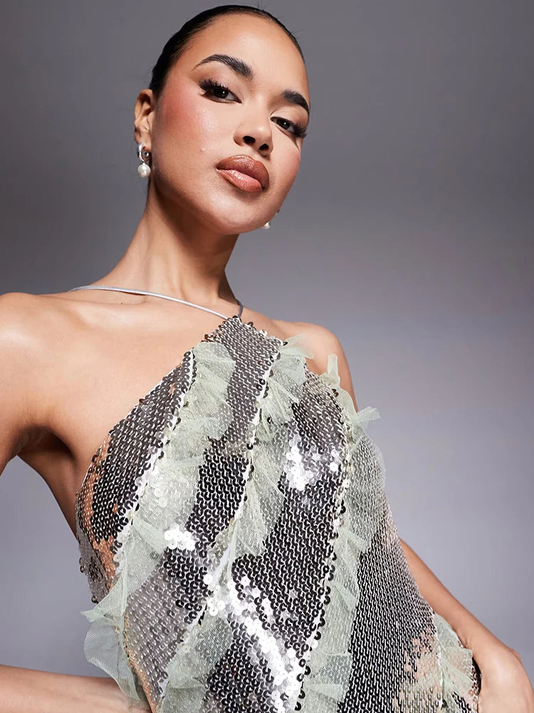 Starry Silver Sequin Strappy Backless Sleeveless with Ruffle Mesh Details Dressfor Party Glamour Gown