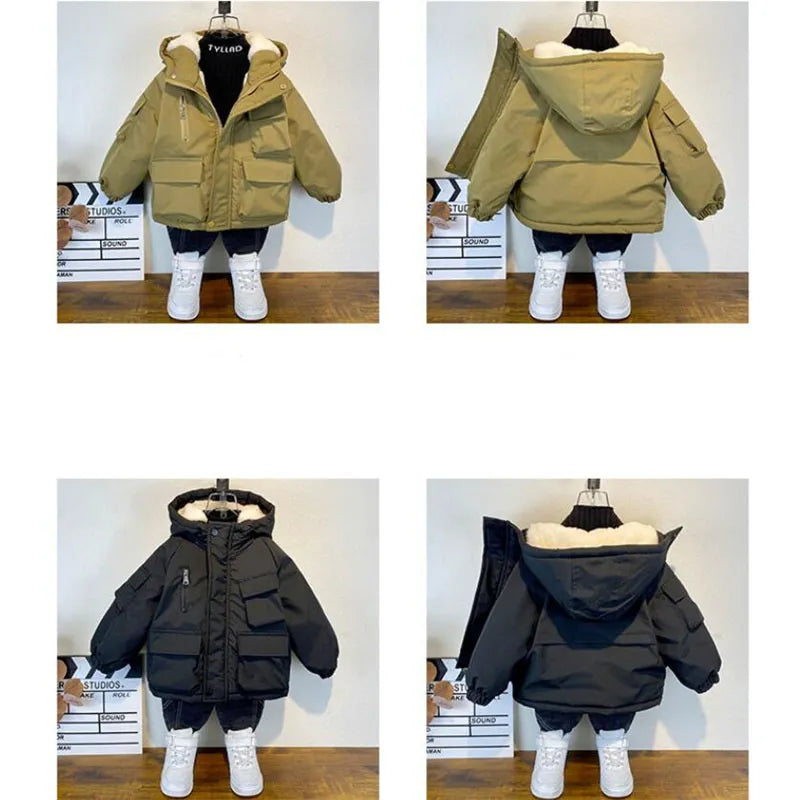 Winter Boys Jacket Children Clothing Keep Warm Cotton Thicken Coats Kids Zipper Hooded Outerwear Plus Velvet Jackets