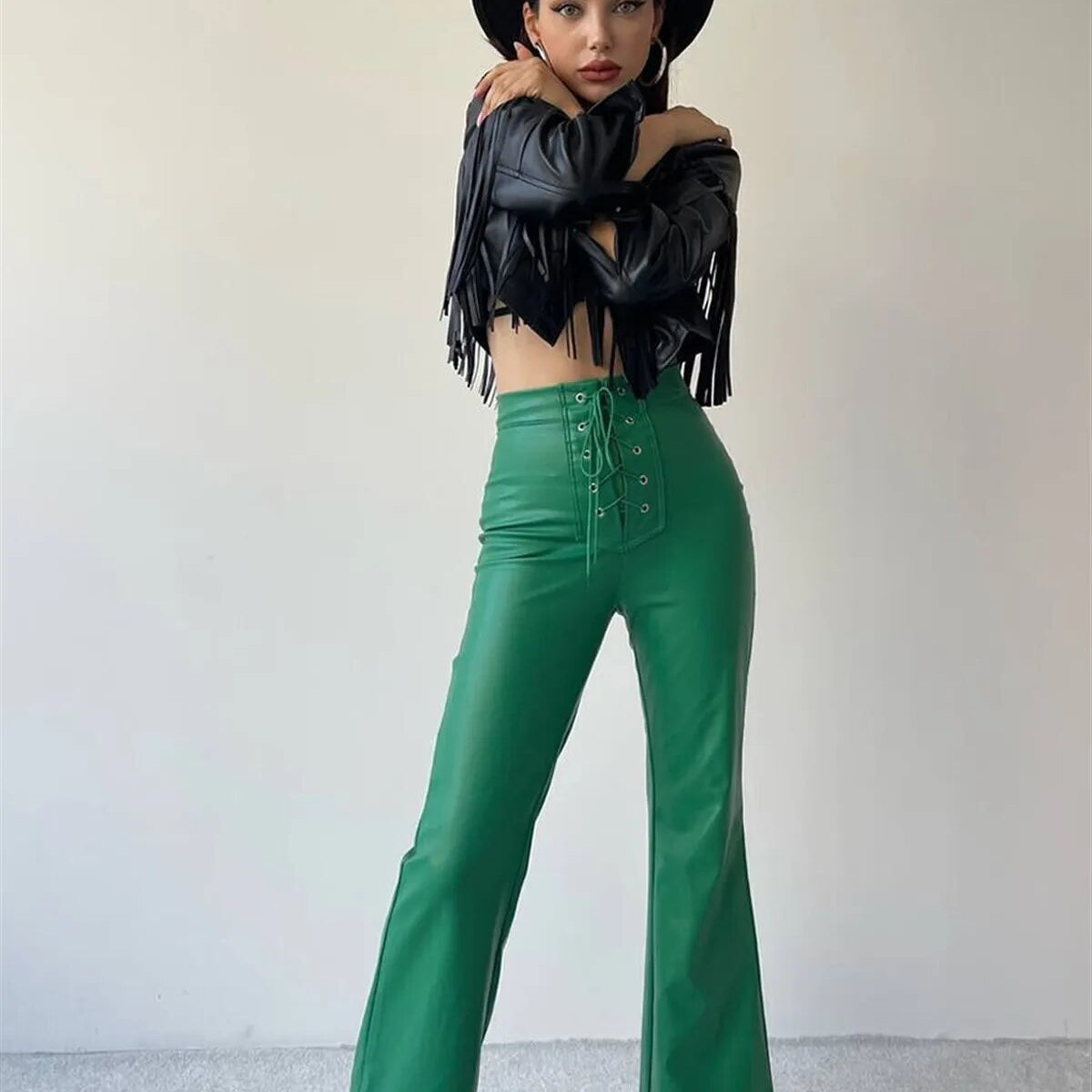 Stylish Chic Faux Leather Pants Women Autumn Winter Sexy High Waist Long Flare Pants Woman Drawstring Black PU Leather Trousers Green
