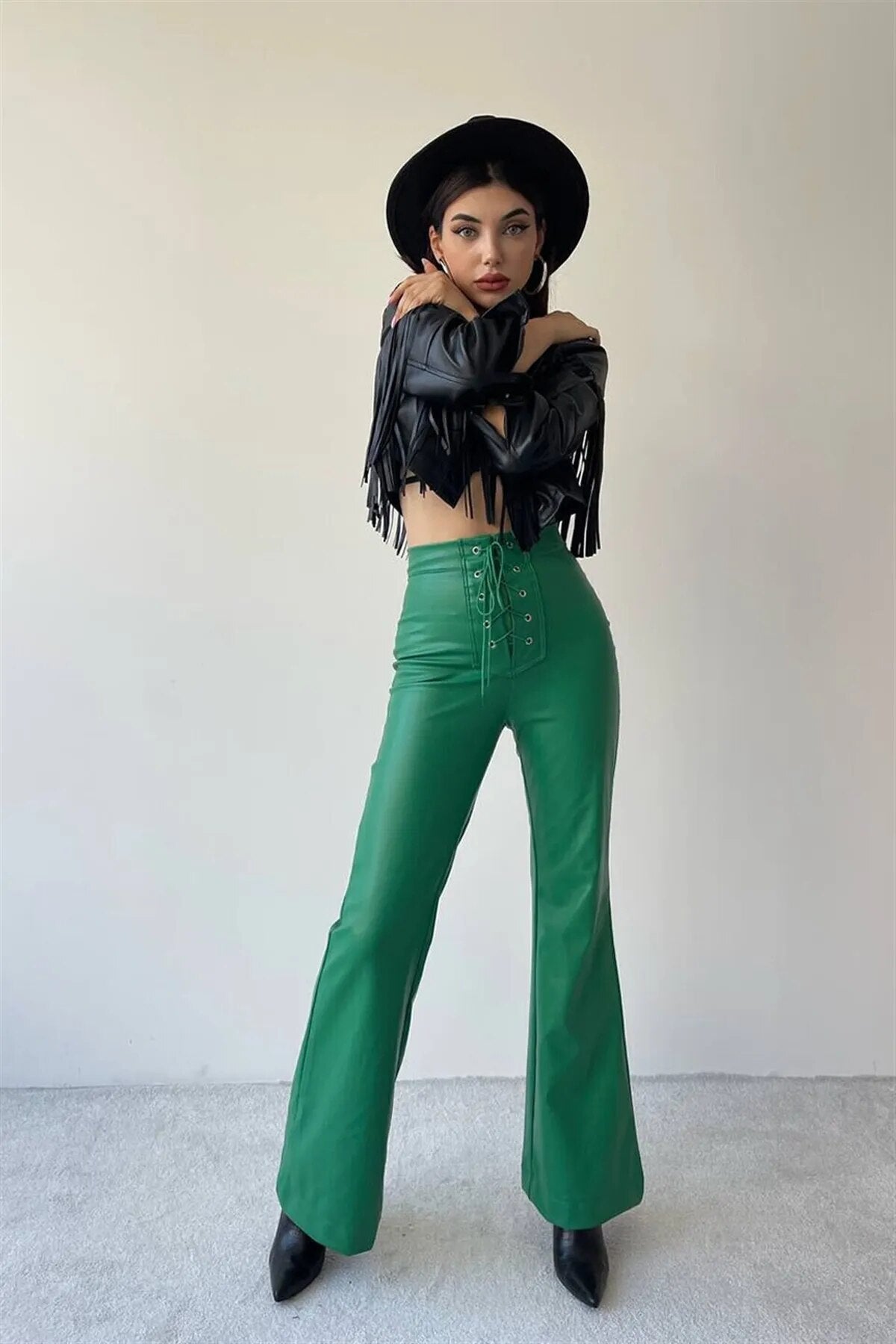 Stylish Chic Faux Leather Pants Women Autumn Winter Sexy High Waist Long Flare Pants Woman Drawstring Black PU Leather Trousers Green