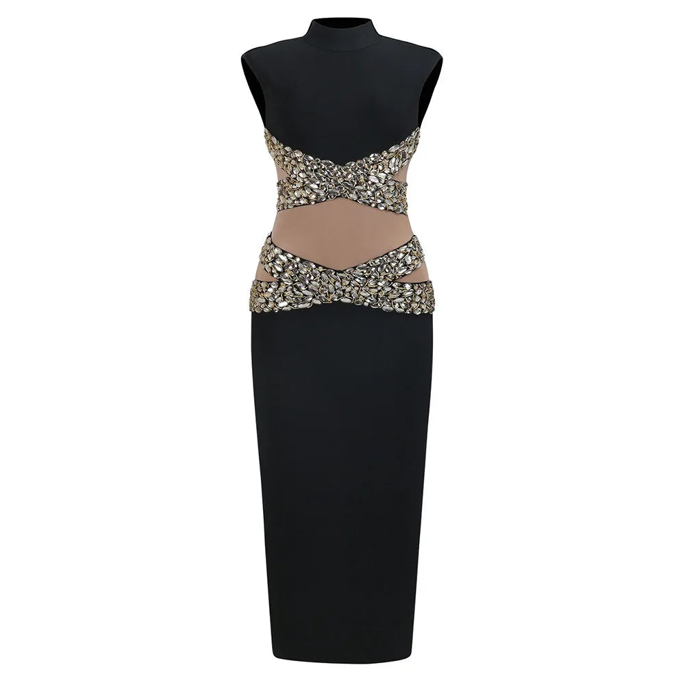 Women Sleeveless Sexy O-Neck Big Crystal Keyholes Bodycon Bandage Long Dress Fashion Celebrate Evening Party Outfit black